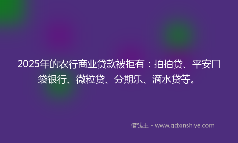 2025年的农行商业贷款被拒有：拍拍贷、平安口袋银行、微粒贷、分期乐、滴水贷等。