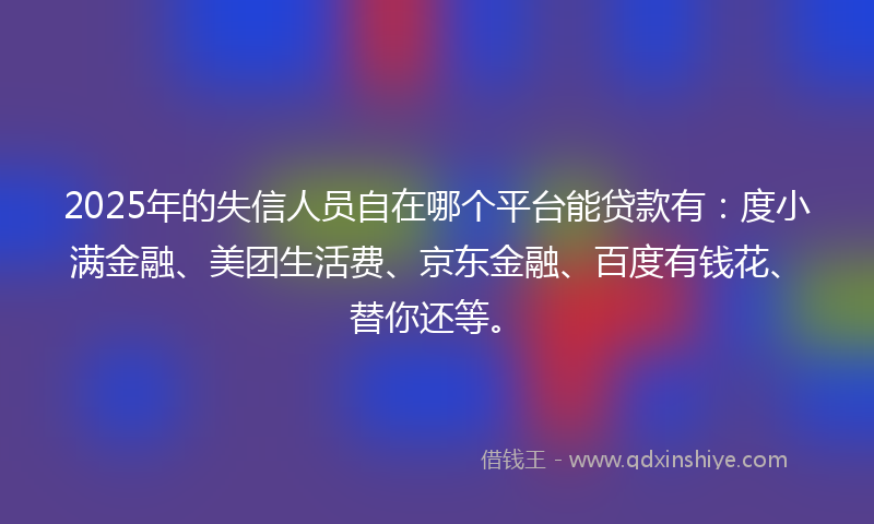 2025年的失信人员自在哪个平台能贷款有：度小满金融、美团生活费、京东金融、百度有钱花、替你还等。