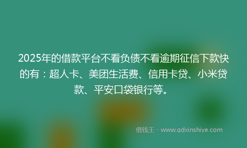 2025年的借款平台不看负债不看逾期征信下款快的有：超人卡、美团生活费、信用卡贷、小米贷款、平安口袋银行等。