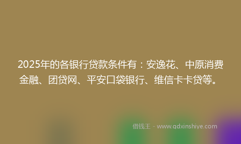 2025年的各银行贷款条件有：安逸花、中原消费金融、团贷网、平安口袋银行、维信卡卡贷等。