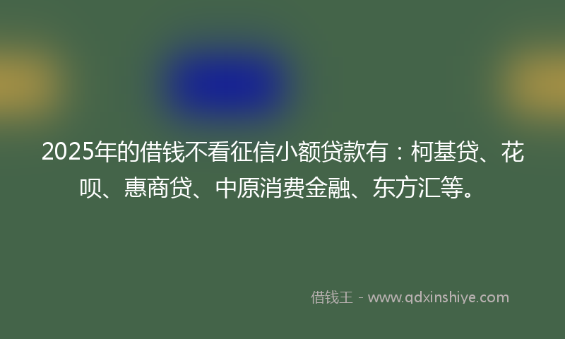 2025年的借钱不看征信小额贷款有：柯基贷、花呗、惠商贷、中原消费金融、东方汇等。