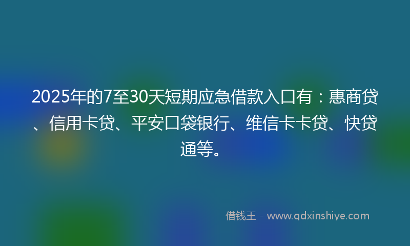 2025年的7至30天短期应急借款入口有：惠商贷、信用卡贷、平安口袋银行、维信卡卡贷、快贷通等。