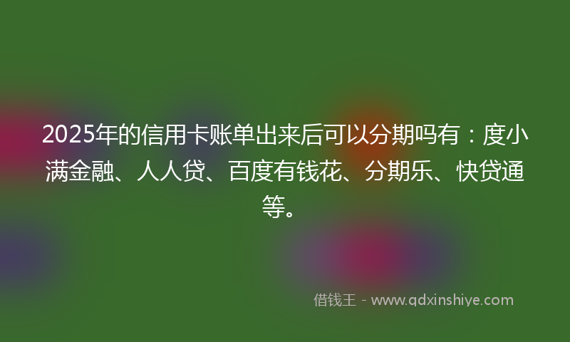 2025年的信用卡账单出来后可以分期吗有：度小满金融、人人贷、百度有钱花、分期乐、快贷通等。