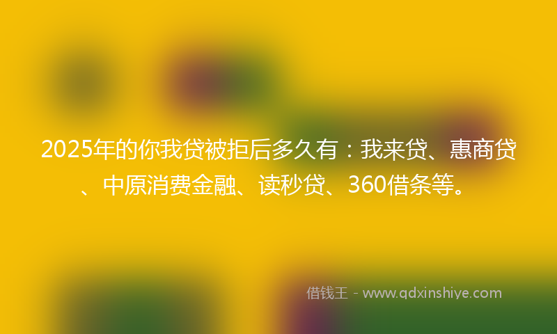 2025年的你我贷被拒后多久有：我来贷、惠商贷、中原消费金融、读秒贷、360借条等。