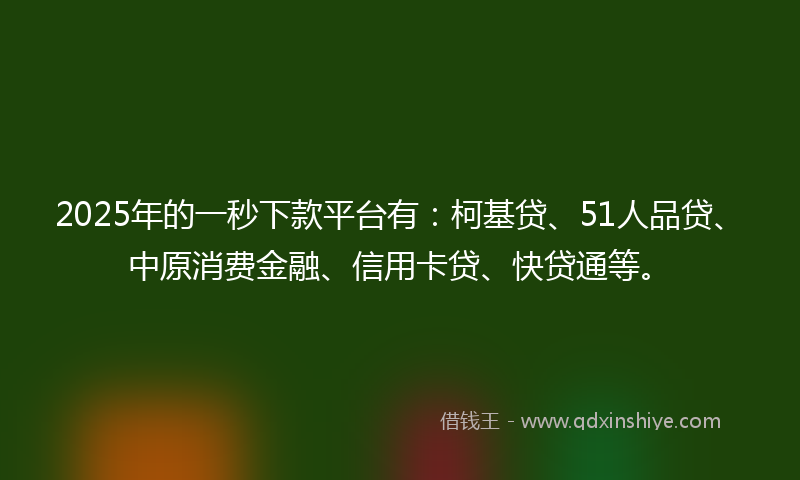 2025年的一秒下款平台有：柯基贷、51人品贷、中原消费金融、信用卡贷、快贷通等。