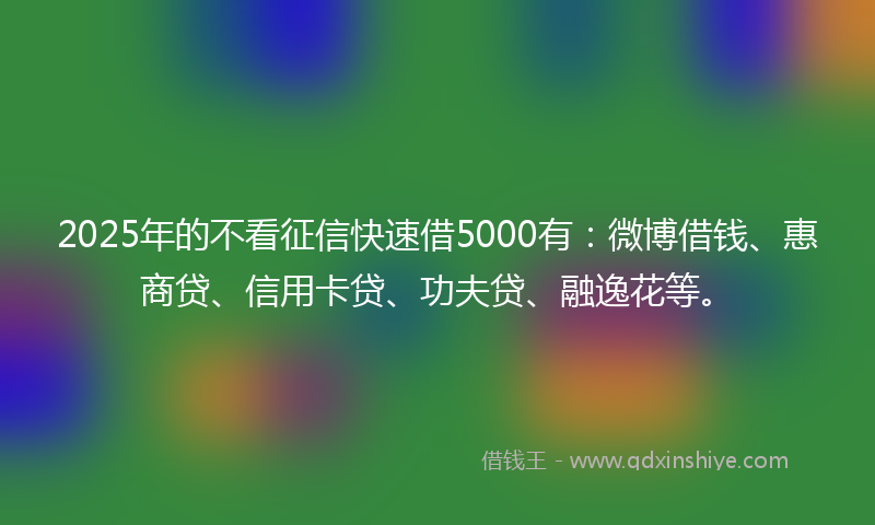 2025年的不看征信快速借5000有：微博借钱、惠商贷、信用卡贷、功夫贷、融逸花等。