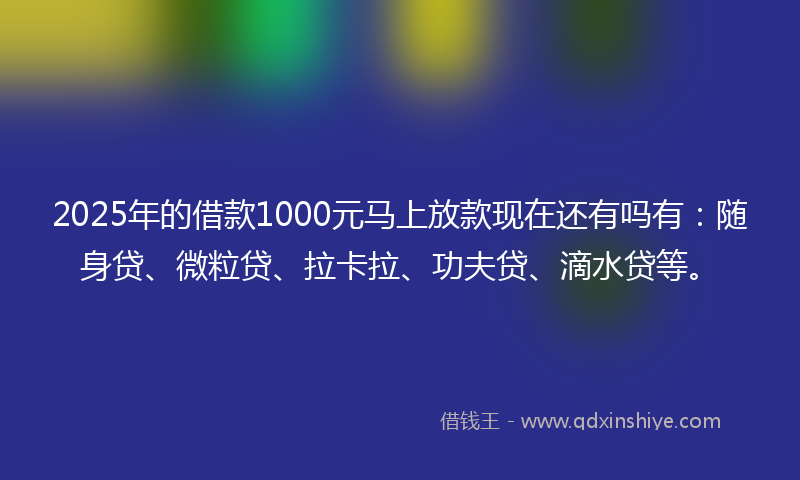 2025年的借款1000元马上放款现在还有吗有：随身贷、微粒贷、拉卡拉、功夫贷、滴水贷等。