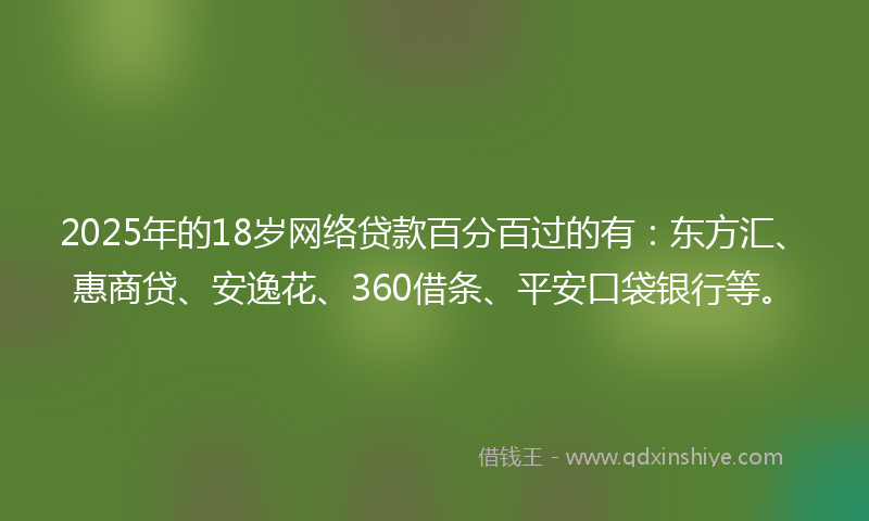 2025年的18岁网络贷款百分百过的有：东方汇、惠商贷、安逸花、360借条、平安口袋银行等。