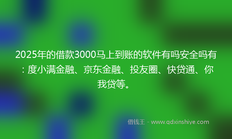 2025年的借款3000马上到账的软件有吗安全吗有：度小满金融、京东金融、投友圈、快贷通、你我贷等。