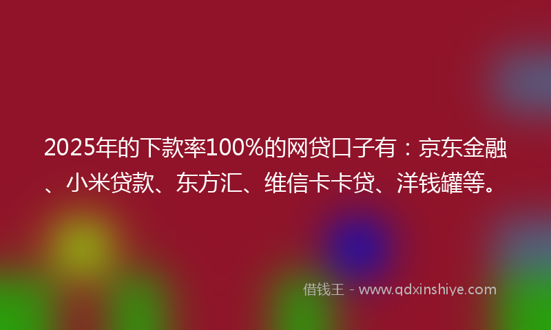 2025年的下款率100%的网贷口子有：京东金融、小米贷款、东方汇、维信卡卡贷、洋钱罐等。