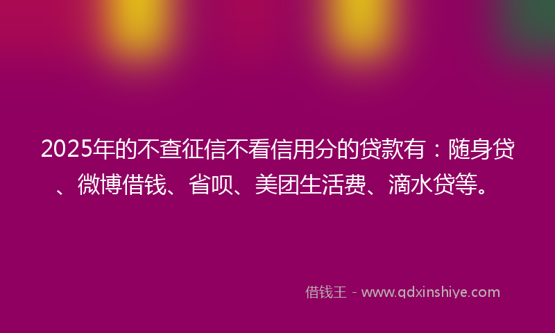 2025年的不查征信不看信用分的贷款有：随身贷、微博借钱、省呗、美团生活费、滴水贷等。
