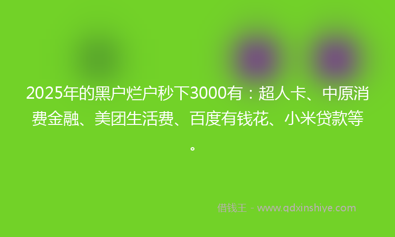 2025年的黑户烂户秒下3000有：超人卡、中原消费金融、美团生活费、百度有钱花、小米贷款等。