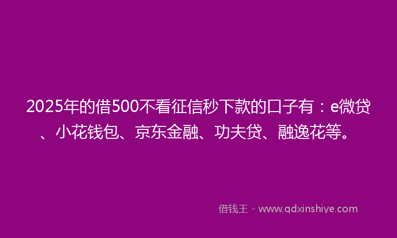 2025年的借500不看征信秒下款的口子有：e微贷、小花钱包、京东金融、功夫贷、融逸花等。