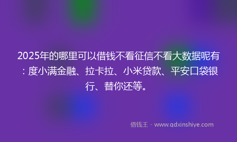 2025年的哪里可以借钱不看征信不看大数据呢有：度小满金融、拉卡拉、小米贷款、平安口袋银行、替你还等。