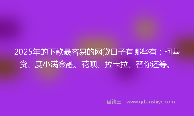 2025年的下款最容易的网贷口子有哪些有：柯基贷、度小满金融、花呗、拉卡拉、替你还等。