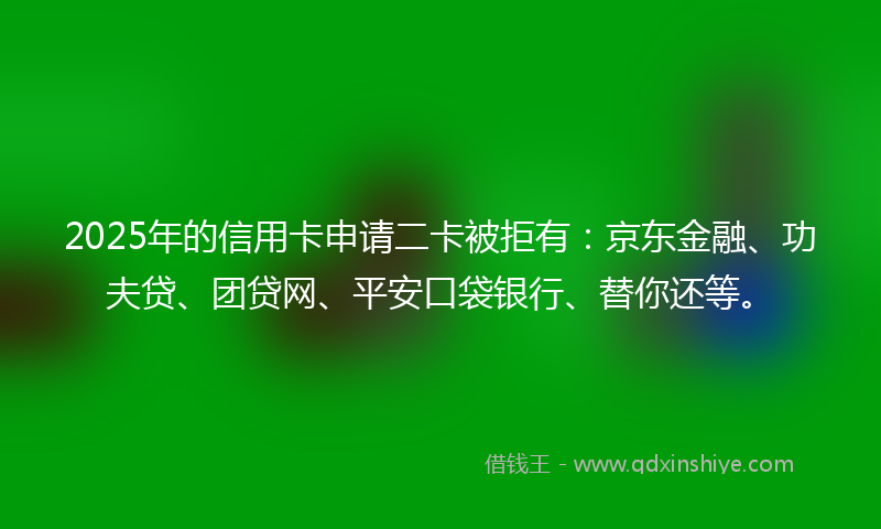 2025年的信用卡申请二卡被拒有：京东金融、功夫贷、团贷网、平安口袋银行、替你还等。