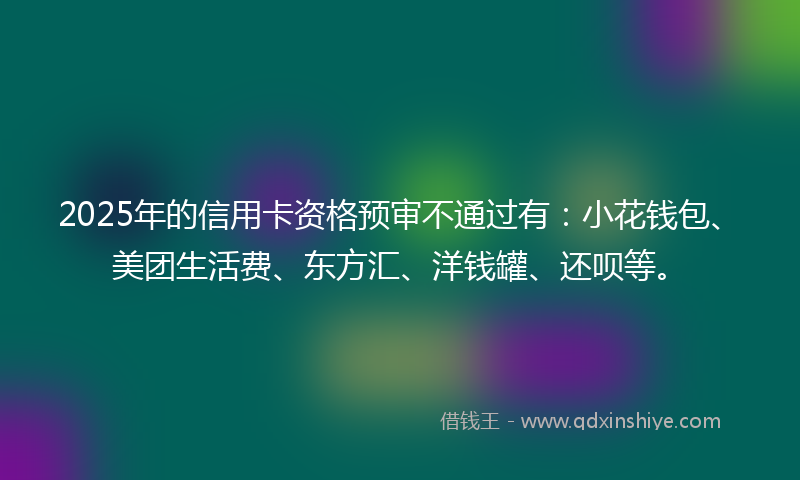 2025年的信用卡资格预审不通过有：小花钱包、美团生活费、东方汇、洋钱罐、还呗等。