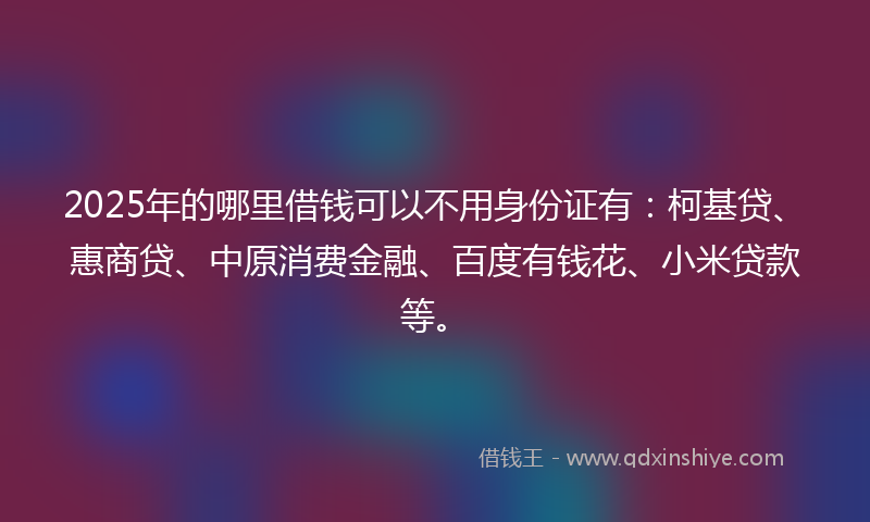 2025年的哪里借钱可以不用身份证有：柯基贷、惠商贷、中原消费金融、百度有钱花、小米贷款等。