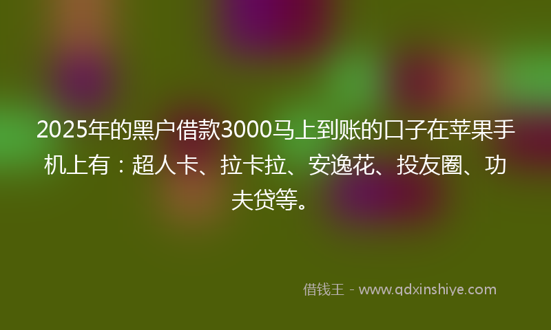 2025年的黑户借款3000马上到账的口子在苹果手机上有：超人卡、拉卡拉、安逸花、投友圈、功夫贷等。