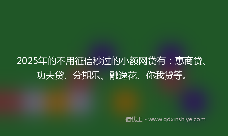 2025年的不用征信秒过的小额网贷有：惠商贷、功夫贷、分期乐、融逸花、你我贷等。