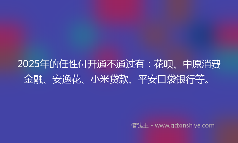 2025年的任性付开通不通过有：花呗、中原消费金融、安逸花、小米贷款、平安口袋银行等。