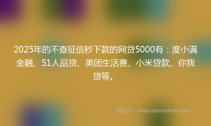 2025年的不查征信秒下款的网贷5000有：度小满金融、51人品贷、美团生活费、小米贷款、你我贷等。