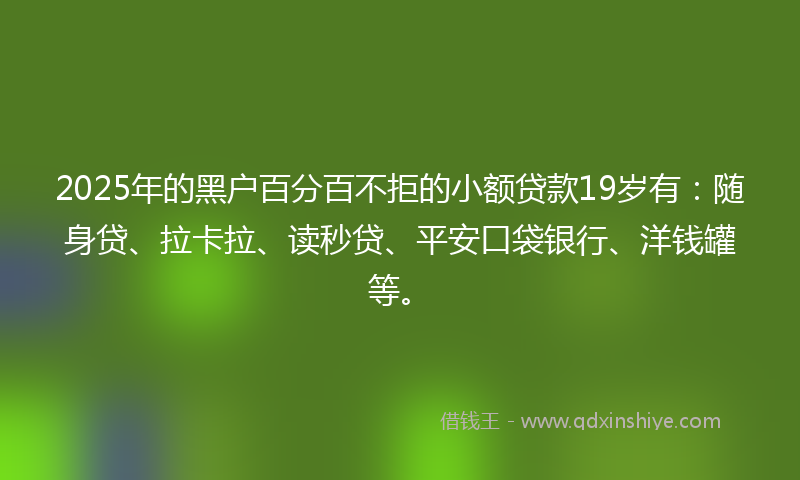 2025年的黑户百分百不拒的小额贷款19岁有：随身贷、拉卡拉、读秒贷、平安口袋银行、洋钱罐等。
