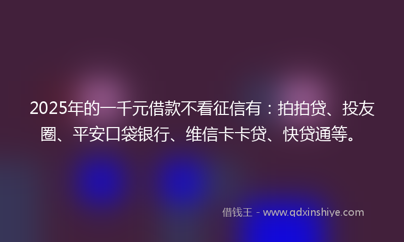 2025年的一千元借款不看征信有：拍拍贷、投友圈、平安口袋银行、维信卡卡贷、快贷通等。