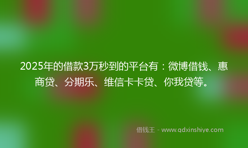 2025年的借款3万秒到的平台有：微博借钱、惠商贷、分期乐、维信卡卡贷、你我贷等。