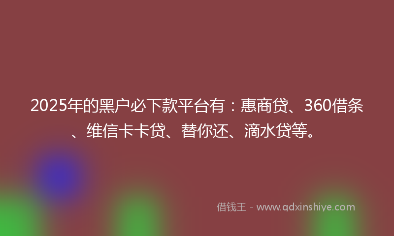 2025年的黑户必下款平台有：惠商贷、360借条、维信卡卡贷、替你还、滴水贷等。