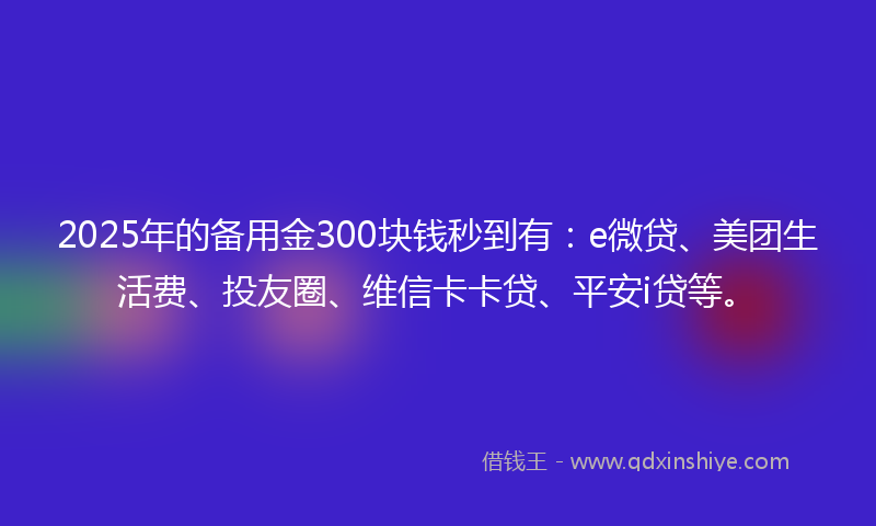 2025年的备用金300块钱秒到有：e微贷、美团生活费、投友圈、维信卡卡贷、平安i贷等。