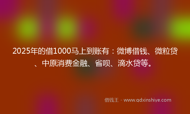 2025年的借1000马上到账有：微博借钱、微粒贷、中原消费金融、省呗、滴水贷等。