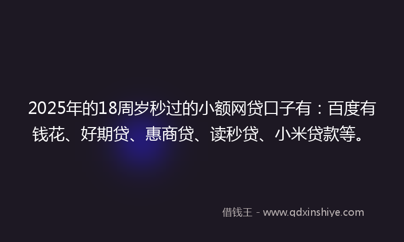 2025年的18周岁秒过的小额网贷口子有：百度有钱花、好期贷、惠商贷、读秒贷、小米贷款等。