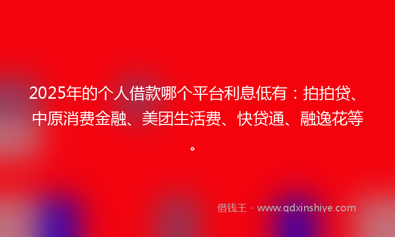 2025年的个人借款哪个平台利息低有：拍拍贷、中原消费金融、美团生活费、快贷通、融逸花等。