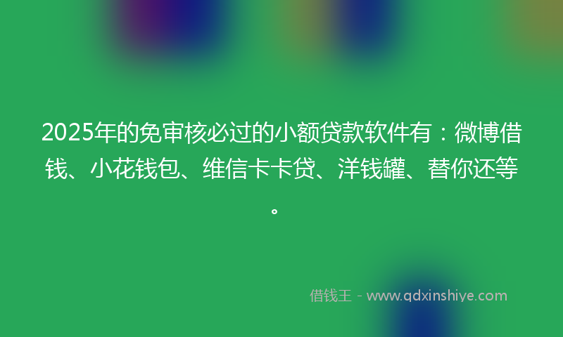 2025年的免审核必过的小额贷款软件有：微博借钱、小花钱包、维信卡卡贷、洋钱罐、替你还等。