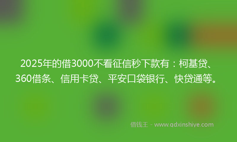 2025年的借3000不看征信秒下款有:柯基贷、360借条、信用卡贷、平安口袋银行、快贷通等。