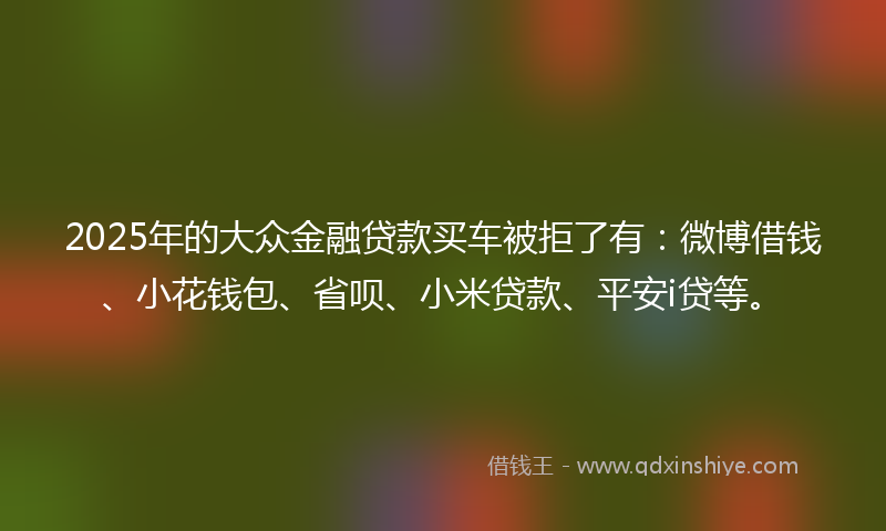 2025年的大众金融贷款买车被拒了有：微博借钱、小花钱包、省呗、小米贷款、平安i贷等。