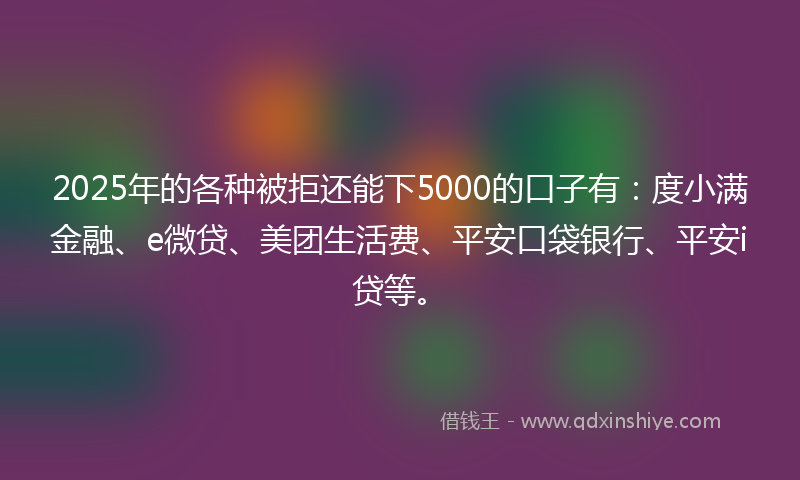 2025年的各种被拒还能下5000的口子有：度小满金融、e微贷、美团生活费、平安口袋银行、平安i贷等。