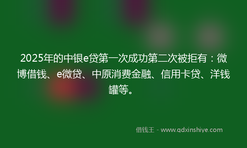 2025年的中银e贷第一次成功第二次被拒有：微博借钱、e微贷、中原消费金融、信用卡贷、洋钱罐等。