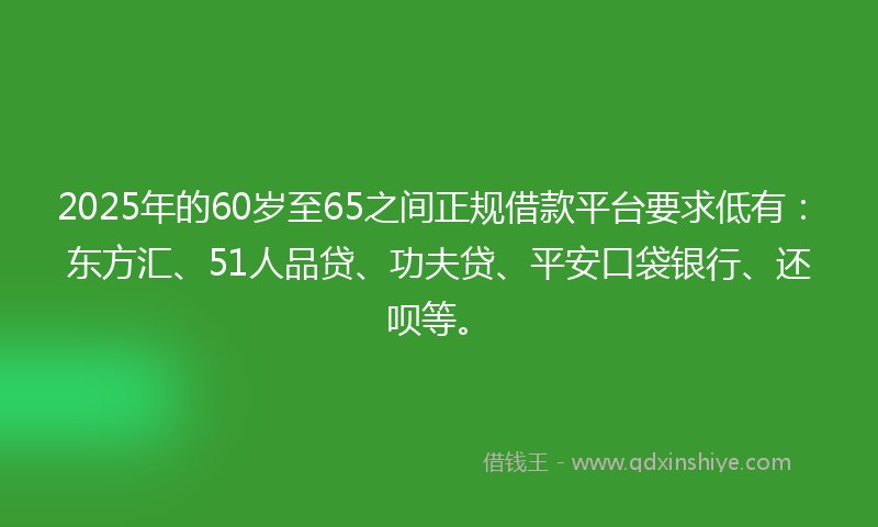 2025年的60岁至65之间正规借款平台要求低有：东方汇、51人品贷、功夫贷、平安口袋银行、还呗等。