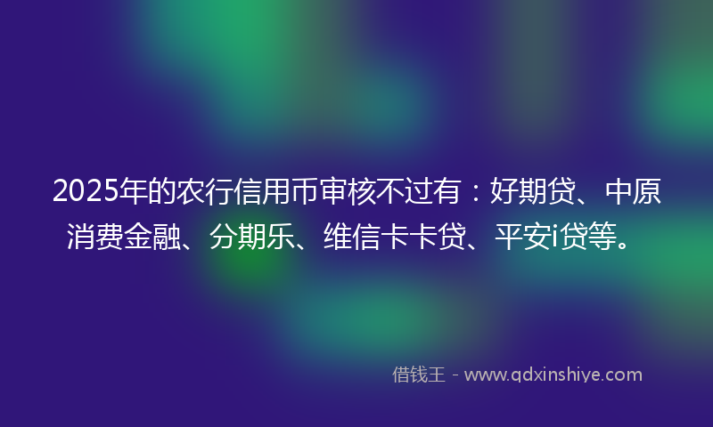2025年的农行信用币审核不过有：好期贷、中原消费金融、分期乐、维信卡卡贷、平安i贷等。