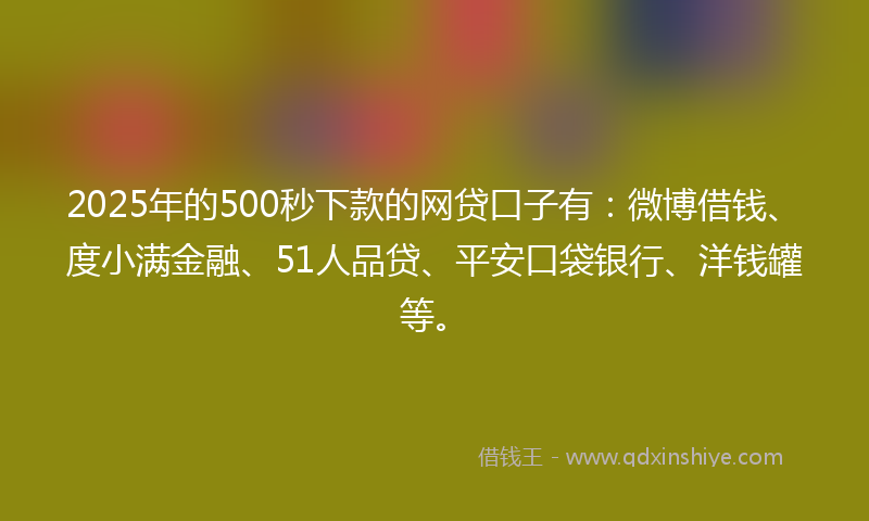 2025年的500秒下款的网贷口子有：微博借钱、度小满金融、51人品贷、平安口袋银行、洋钱罐等。