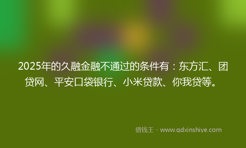 2025年的久融金融不通过的条件有：东方汇、团贷网、平安口袋银行、小米贷款、你我贷等。