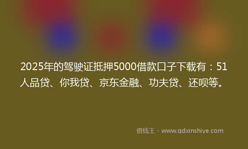 2025年的驾驶证抵押5000借款口子下载有：51人品贷、你我贷、京东金融、功夫贷、还呗等。