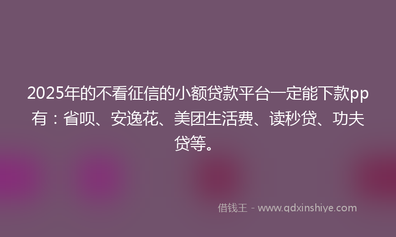 2025年的不看征信的小额贷款平台一定能下款pp有：省呗、安逸花、美团生活费、读秒贷、功夫贷等。