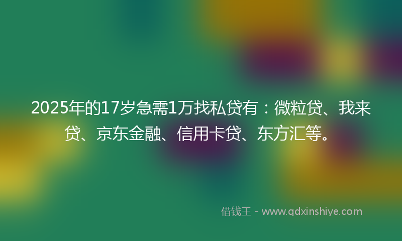 2025年的17岁急需1万找私贷有：微粒贷、我来贷、京东金融、信用卡贷、东方汇等。