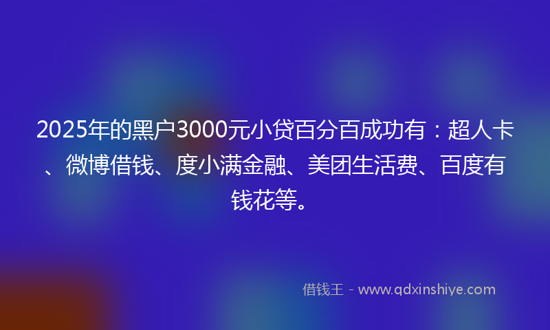 2025年的黑户3000元小贷百分百成功有：超人卡、微博借钱、度小满金融、美团生活费、百度有钱花等。