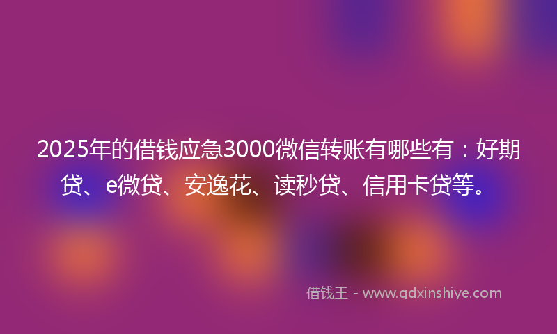 2025年的借钱应急3000微信转账有哪些有：好期贷、e微贷、安逸花、读秒贷、信用卡贷等。