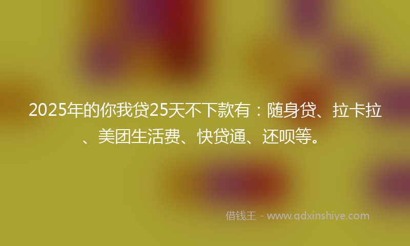 2025年的你我贷25天不下款有:随身贷、拉卡拉、美团生活费、快贷通、还呗等。