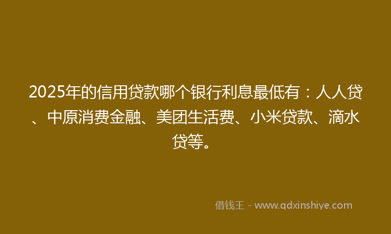 2025年的信用贷款哪个银行利息最低有：人人贷、中原消费金融、美团生活费、小米贷款、滴水贷等。
